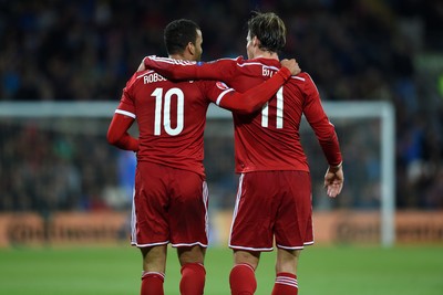 131014 - Wales v Cyprus - UEFA European Championship - Hal Robson-Kanu of Wales celebrates scoring with Gareth Bale