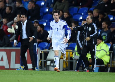 131014 - Wales v Cyprus - UEFA European Championship - Vincent Laban of Cyprus  celebrates scoring a goal