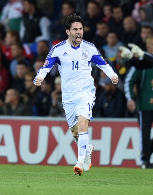 131014 - Wales v Cyprus - UEFA European Championship - Vincent Laban of Cyprus  celebrates scoring a goal