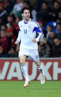 131014 - Wales v Cyprus - UEFA European Championship - Vincent Laban of Cyprus  celebrates scoring a goal
