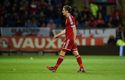 131014 - Wales v Cyprus - UEFA European Championship - Andy King of Wales of Wales  is given a red card