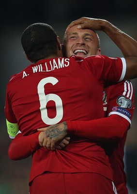 131014 - Wales v Cyprus, UEFA European Championship Qualifier - Wales' David Cotterrill celebrates with Wales' Ashley Williams after scoring goal