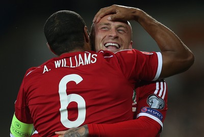 131014 - Wales v Cyprus, UEFA European Championship Qualifier - Wales' David Cotterrill celebrates with Wales' Ashley Williams after scoring goal