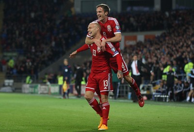 131014 - Wales v Cyprus, UEFA European Championship Qualifier - Wales' David Cotterrill celebrates with Wales' Andy King after scoring goal