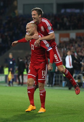 131014 - Wales v Cyprus, UEFA European Championship Qualifier - Wales' David Cotterrill celebrates with Wales' Andy King after scoring goal