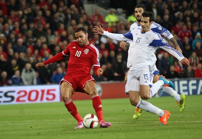 131014 - Wales v Cyprus, UEFA European Championship Qualifier - Wales' Hal Robson-Kanu shoots to score his sides second goal