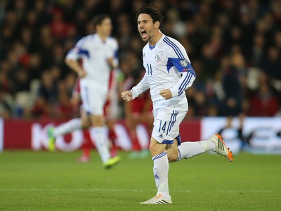 131014 - Wales v Cyprus, UEFA European Championship Qualifier - Vincent Laban of Cyprus celebrates after scoring goal