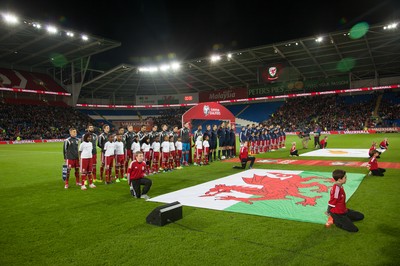 131014 - Wales v Cyprus, UEFA European Championship Qualifier - The teams line up for the national anthems