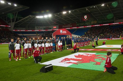 131014 - Wales v Cyprus, UEFA European Championship Qualifier - The teams line up for the national anthems