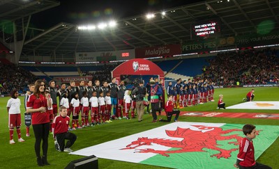 131014 - Wales v Cyprus, UEFA European Championship Qualifier - The teams line up for the national anthems