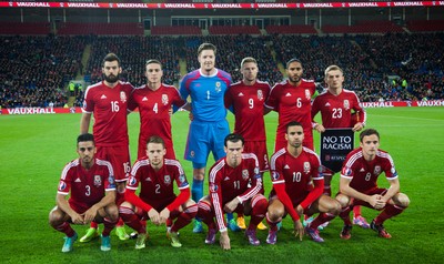 131014 - Wales v Cyprus, UEFA European Championship Qualifier - The Wales team pose for the team photograph before kick off