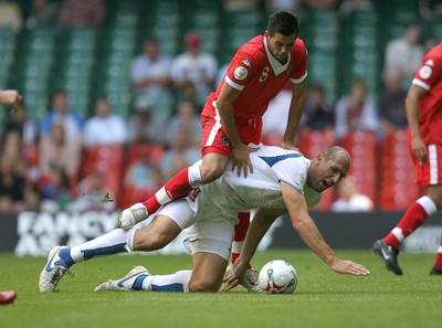 02.06.07. Wales v Czech Republic, Euro 2008 Qualifyer Wales' Joe Ledley tangles with Czech Republics' Jan Koller 