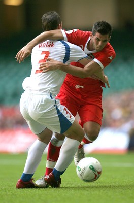 02.06.07. Wales v Czech Republic, Euro 2008 Qualifyer Wales' Joe Ledley tangles with Czech Republics' Jan Polak 