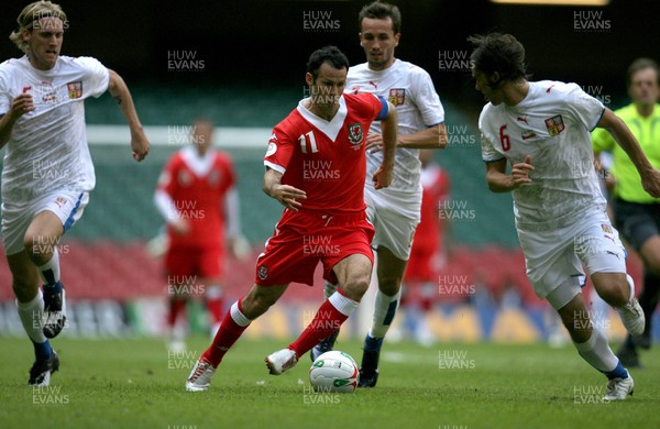 02.06.07. Wales v Czech Republic, Euro 2008 Qualifyer Wales' Ryan Giggs weaves his way through the Czech defence in characteristic style 
