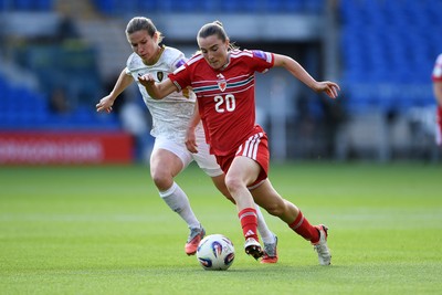 090626 - Wales Women v Czech Republic Women - 2027 FIFA Women's World Cup Qualifying - Carrie Jones of Wales is challenged by Antonie Starova of Czech Republic