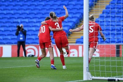090626 - Wales Women v Czech Republic Women - 2027 FIFA Women's World Cup Qualifying - Gemma Evans of Wales celebrates scoring a goal with team mates