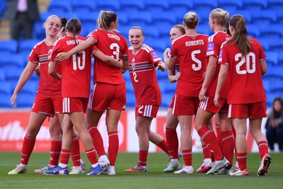 090626 - Wales Women v Czech Republic Women - 2027 FIFA Women's World Cup Qualifying - Gemma Evans of Wales celebrates scoring a goal with team mates