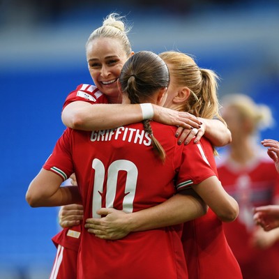090626 - Wales Women v Czech Republic Women - 2027 FIFA Women's World Cup Qualifying - Mared Griffiths of Wales celebrates scoring a goal with team mates
