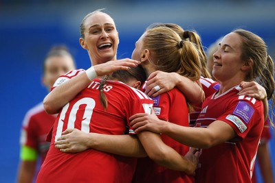 090626 - Wales Women v Czech Republic Women - 2027 FIFA Women's World Cup Qualifying - Mared Griffiths of Wales celebrates scoring a goal with team mates