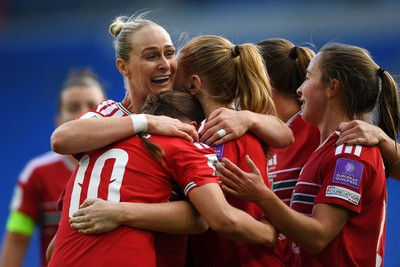090626 - Wales Women v Czech Republic Women - 2027 FIFA Women's World Cup Qualifying - Mared Griffiths of Wales celebrates scoring a goal with team mates
