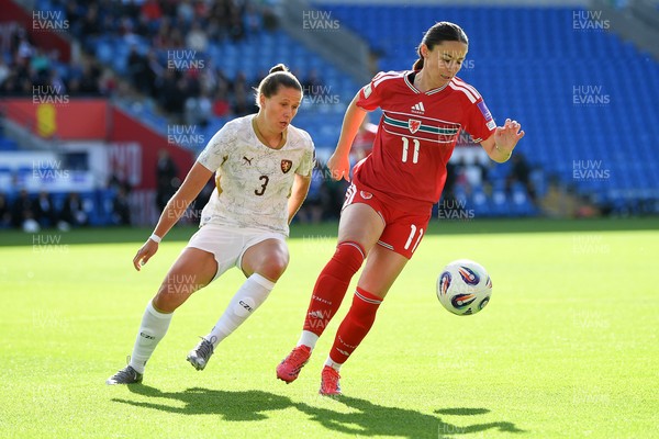 090626 - Wales Women v Czech Republic Women - 2027 FIFA Women's World Cup Qualifying - Hannah Cain of Wales is challenged by Eliska Sonntagova of Czech Republic