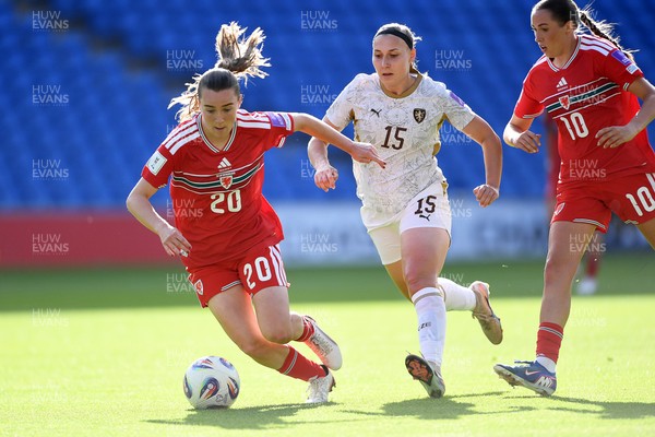 090626 - Wales Women v Czech Republic Women - 2027 FIFA Women's World Cup Qualifying - Carrie Jones of Wales is challenged by Katerina Kotrcova of Czech Republic
