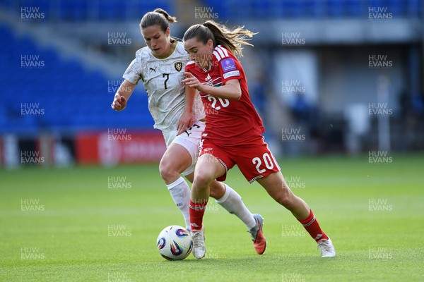 090626 - Wales Women v Czech Republic Women - 2027 FIFA Women's World Cup Qualifying - Carrie Jones of Wales is challenged by Antonie Starova of Czech Republic