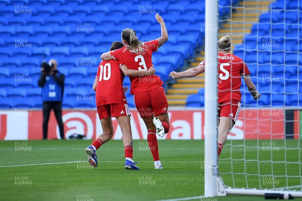 090626 - Wales Women v Czech Republic Women - 2027 FIFA Women's World Cup Qualifying - Gemma Evans of Wales celebrates scoring a goal with team mates
