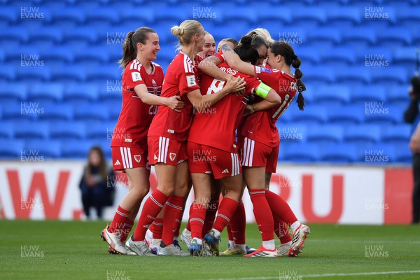 090626 - Wales Women v Czech Republic Women - 2027 FIFA Women's World Cup Qualifying - Gemma Evans of Wales celebrates scoring a goal with team mates
