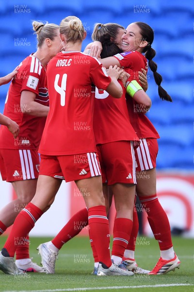 090626 - Wales Women v Czech Republic Women - 2027 FIFA Women's World Cup Qualifying - Gemma Evans of Wales celebrates scoring a goal with team mates