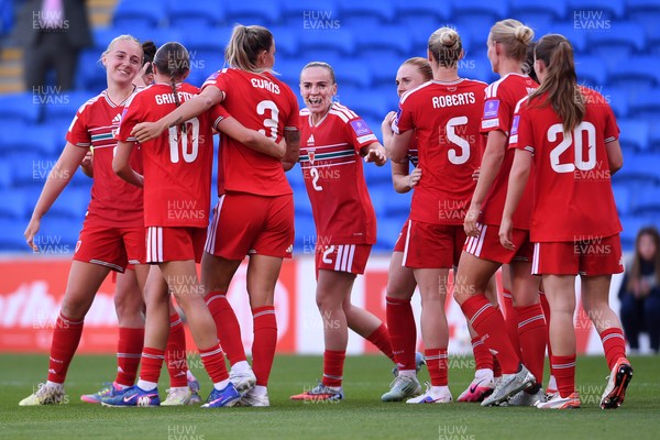 090626 - Wales Women v Czech Republic Women - 2027 FIFA Women's World Cup Qualifying - Gemma Evans of Wales celebrates scoring a goal with team mates