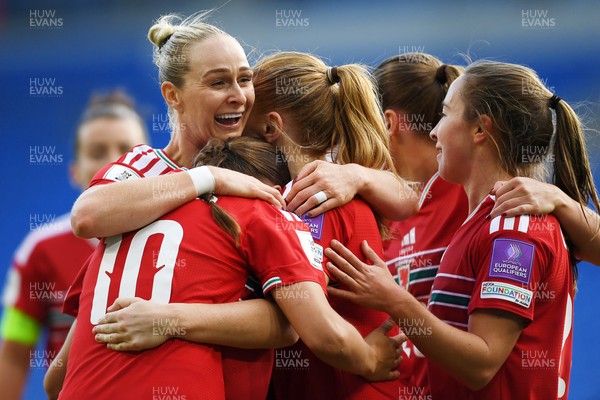 090626 - Wales Women v Czech Republic Women - 2027 FIFA Women's World Cup Qualifying - Mared Griffiths of Wales celebrates scoring a goal with team mates
