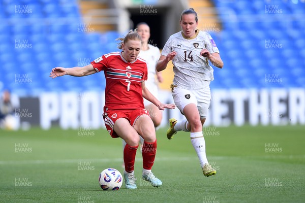 090626 - Wales Women v Czech Republic Women - 2027 FIFA Women's World Cup Qualifying - Ceri Holland of Wales is challenged by Michaela Khyrova of Czech Republic
