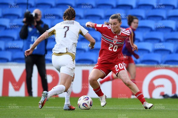 090626 - Wales Women v Czech Republic Women - 2027 FIFA Women's World Cup Qualifying - Carrie Jones of Wales is challenged by Antonie Starova of Czech Republic