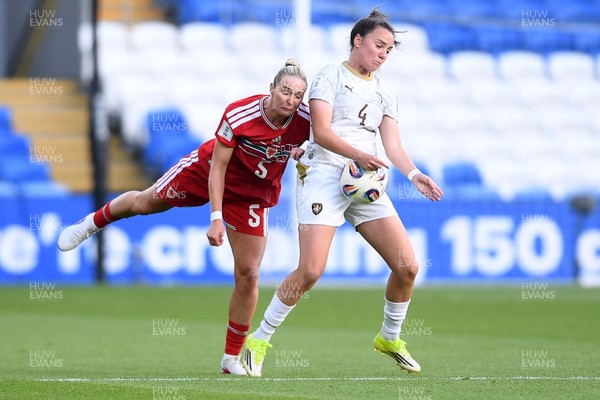 090626 - Wales Women v Czech Republic Women - 2027 FIFA Women's World Cup Qualifying - Rhian Roberts of Wales is challenged by Klara Cvrckova of Czech Republic