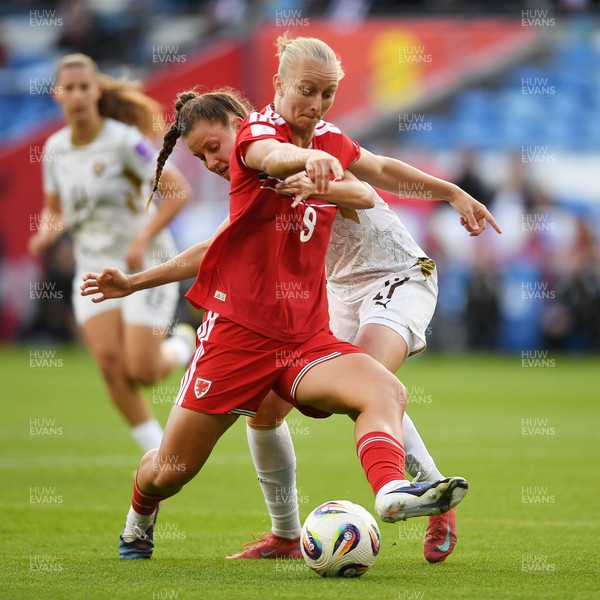 090626 - Wales Women v Czech Republic Women - 2027 FIFA Women's World Cup Qualifying - Elise Hughes of Wales is pulled back by Barbora Polcarova of Czech Republic