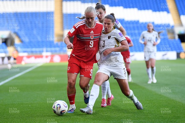 090626 - Wales Women v Czech Republic Women - 2027 FIFA Women's World Cup Qualifying - Elise Hughes of Wales is challenged by Eliska Sonntagova of Czech Republic