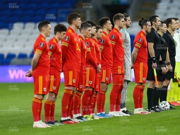300321 Wales v Czech Republic, FIFA World Cup 2022 Qualifying match - The Wales team line up ahead of the national anthems