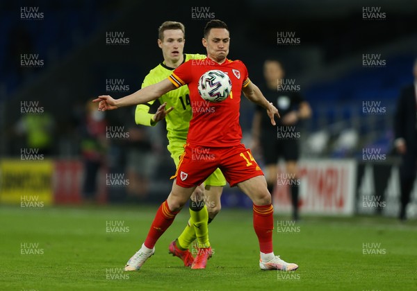 300321 Wales v Czech Republic, FIFA World Cup 2022 Qualifying match - Connor Roberts of Wales holds off Jakub Jankto of Czech Republic