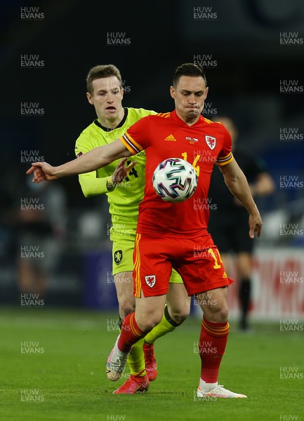 300321 Wales v Czech Republic, FIFA World Cup 2022 Qualifying match - Connor Roberts of Wales holds off Jakub Jankto of Czech Republic