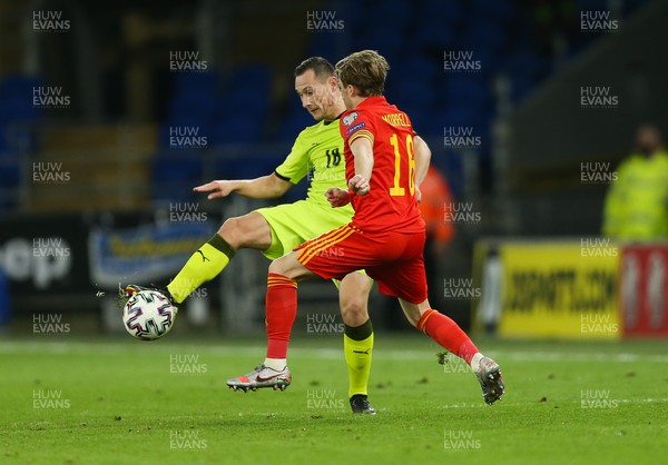 300321 Wales v Czech Republic, FIFA World Cup 2022 Qualifying match - Jan Boril of Czech Republic and Joe Morrell of Wales compete for the ball