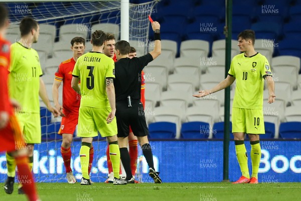 300321 Wales v Czech Republic, FIFA World Cup 2022 Qualifying match - Patrik Schick of Czech Republic, right, is shown a red card by referee Ovidio Alin Hategan