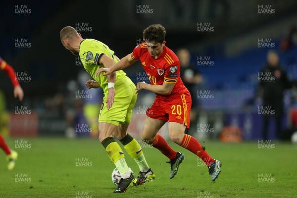 300321 Wales v Czech Republic, FIFA World Cup 2022 Qualifying match - Daniel James of Wales is tackled by Vladimir Coufal of Czech Republic