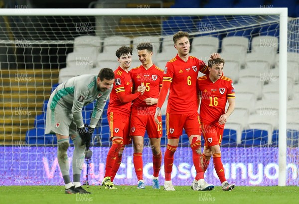 300321 Wales v Czech Republic, FIFA World Cup 2022 Qualifying match - Wales goalkeeper Danny Ward, Neco Williams of Wales Joe Rodon of Wales, Ethan Ampadu of Wales and Joe Morrell of Wales celebrate at the end of the match