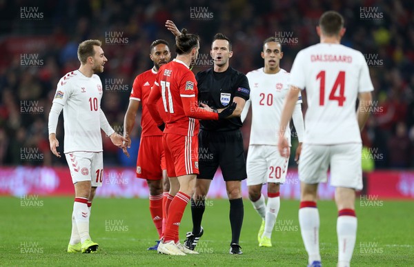 161118 - Wales v Denmark - UEFA Nations League B - Gareth Bale of Wales has words with referee