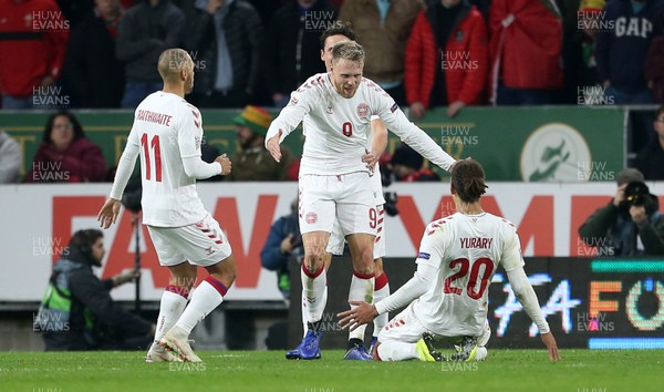 161118 - Wales v Denmark - UEFA Nations League B - Nicolai Jorgensen of Denmark celebrates scoring a goal with team mates