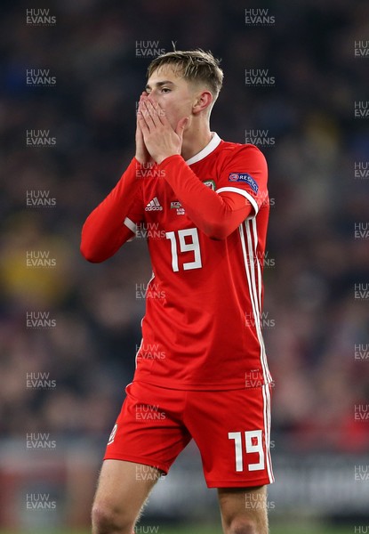 161118 - Wales v Denmark - UEFA Nations League B - David Brooks of Wales dejected after his shot at goal goes wide