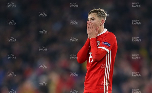 161118 - Wales v Denmark - UEFA Nations League B - David Brooks of Wales dejected after his shot at goal goes wide