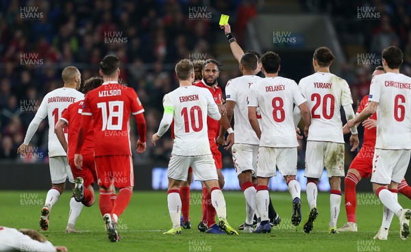 161118 - Wales v Denmark - UEFA Nations League B - Teams disagree after Ethan Ampadu of Wales yellow card