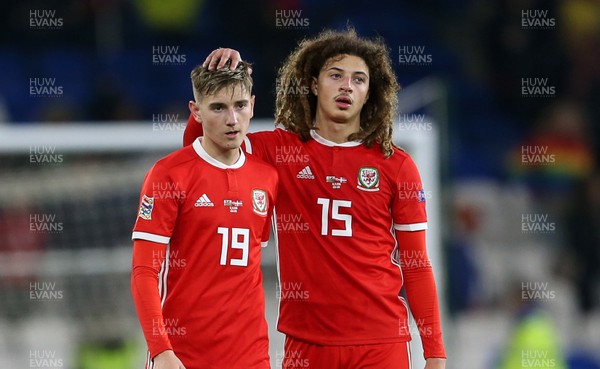 161118 - Wales v Denmark - UEFA Nations League B - David Brooks and Ethan Ampadu of Wales at full time